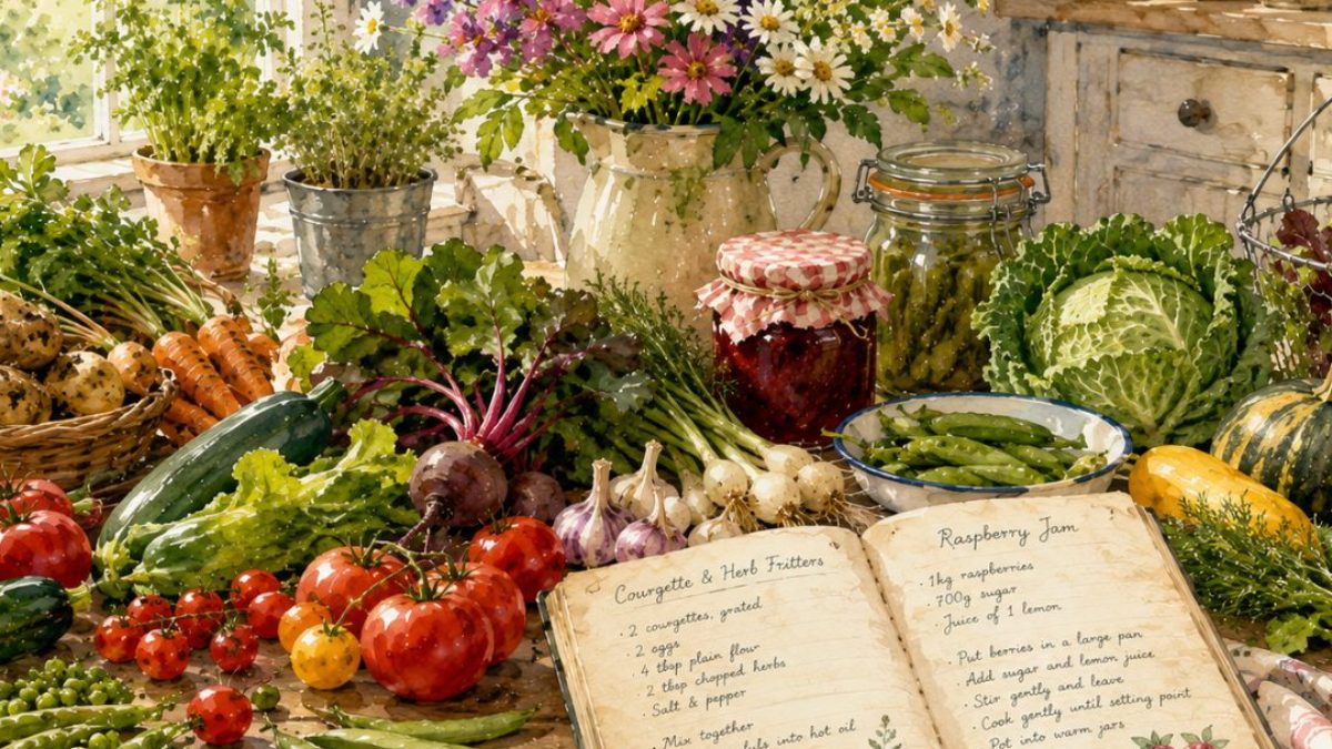 A table laden with home-grown vegetables, flowers and preserves
